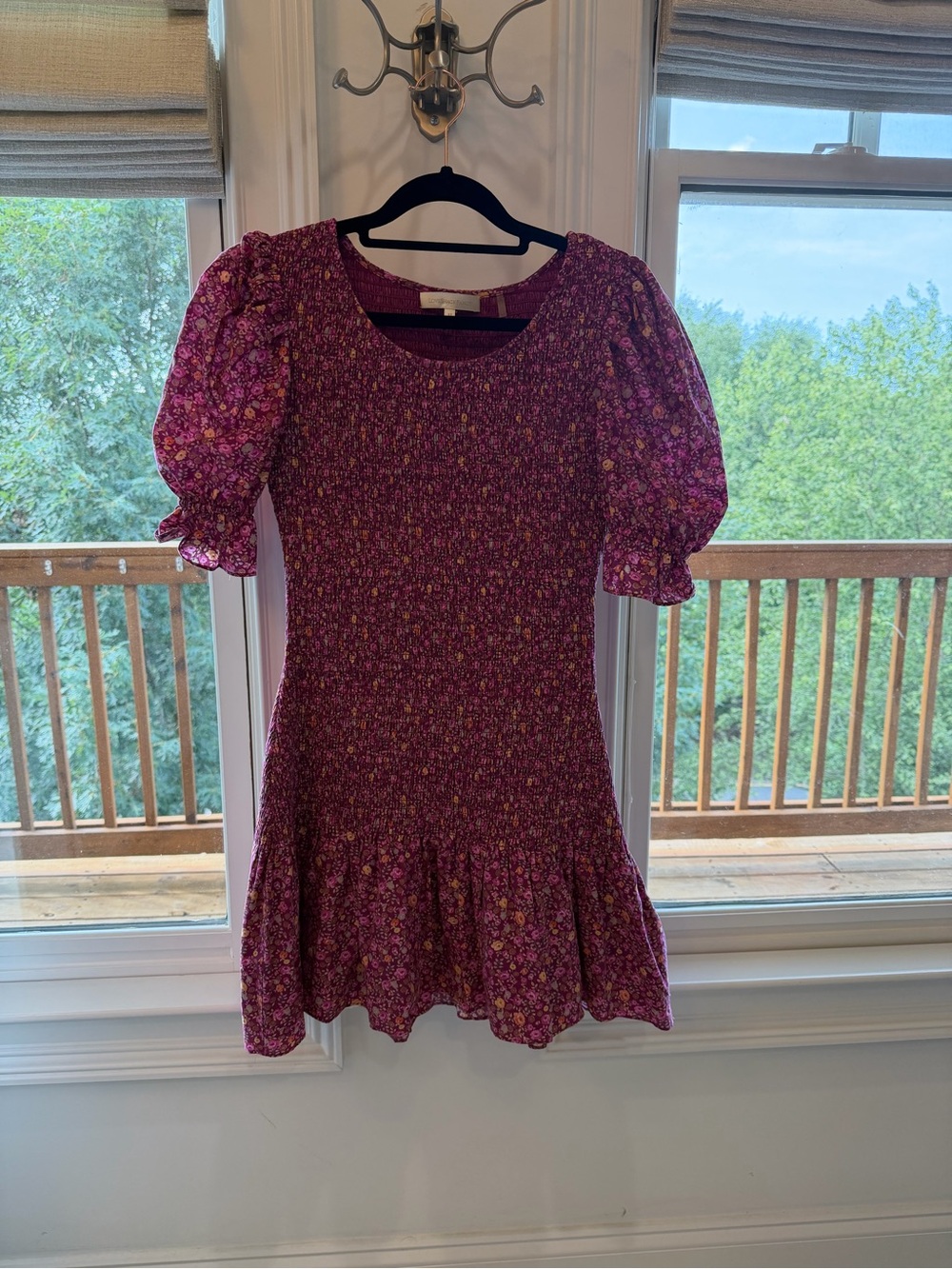 LoveShackFancy Plum Floral Smocked Puff-Sleeve Mini Dress